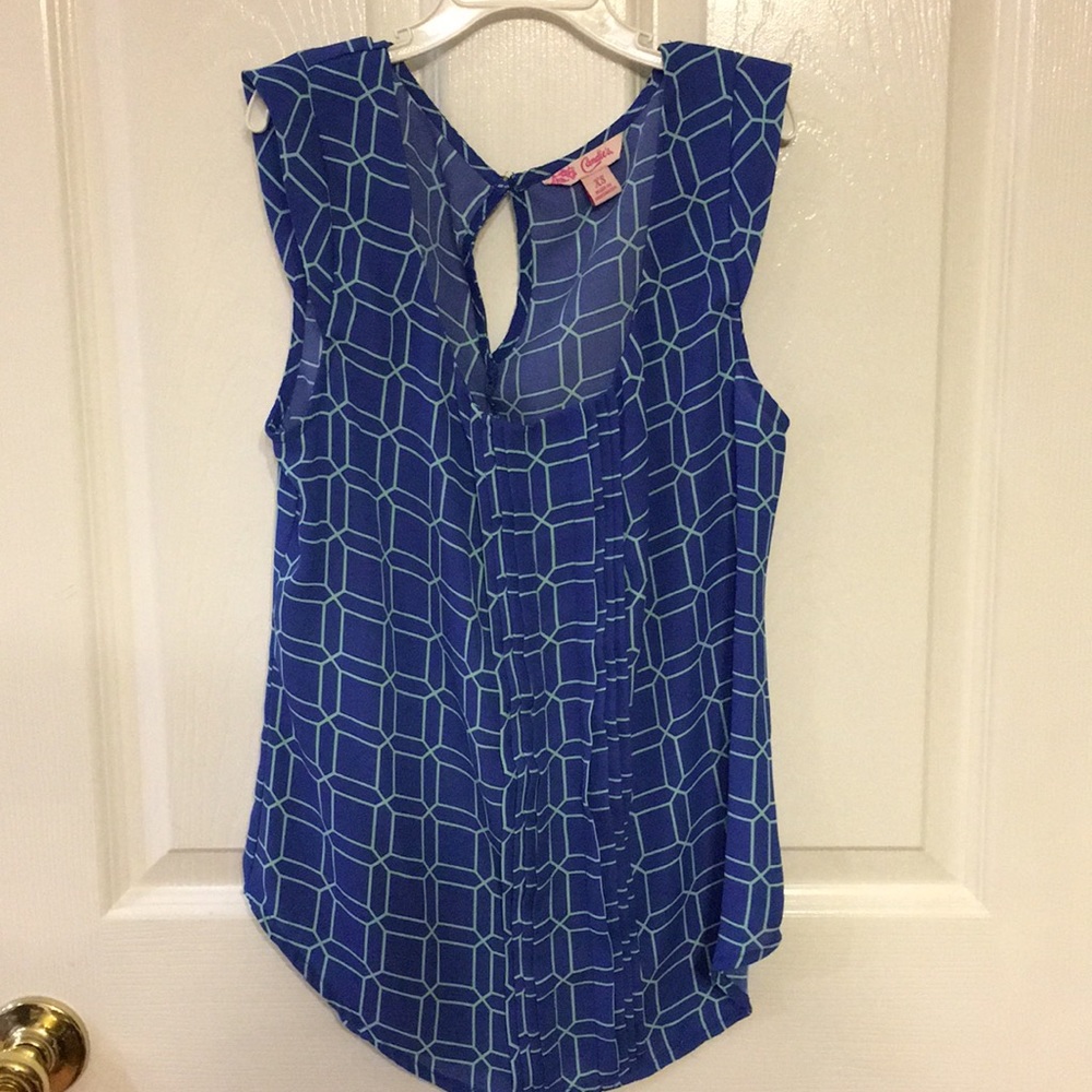 Blue sleeveless top with sea foam green pattern